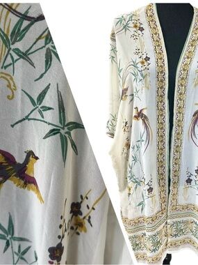 Blue Rain Cream Kimono with Green Bamboo and Purple-Gold Bird Print